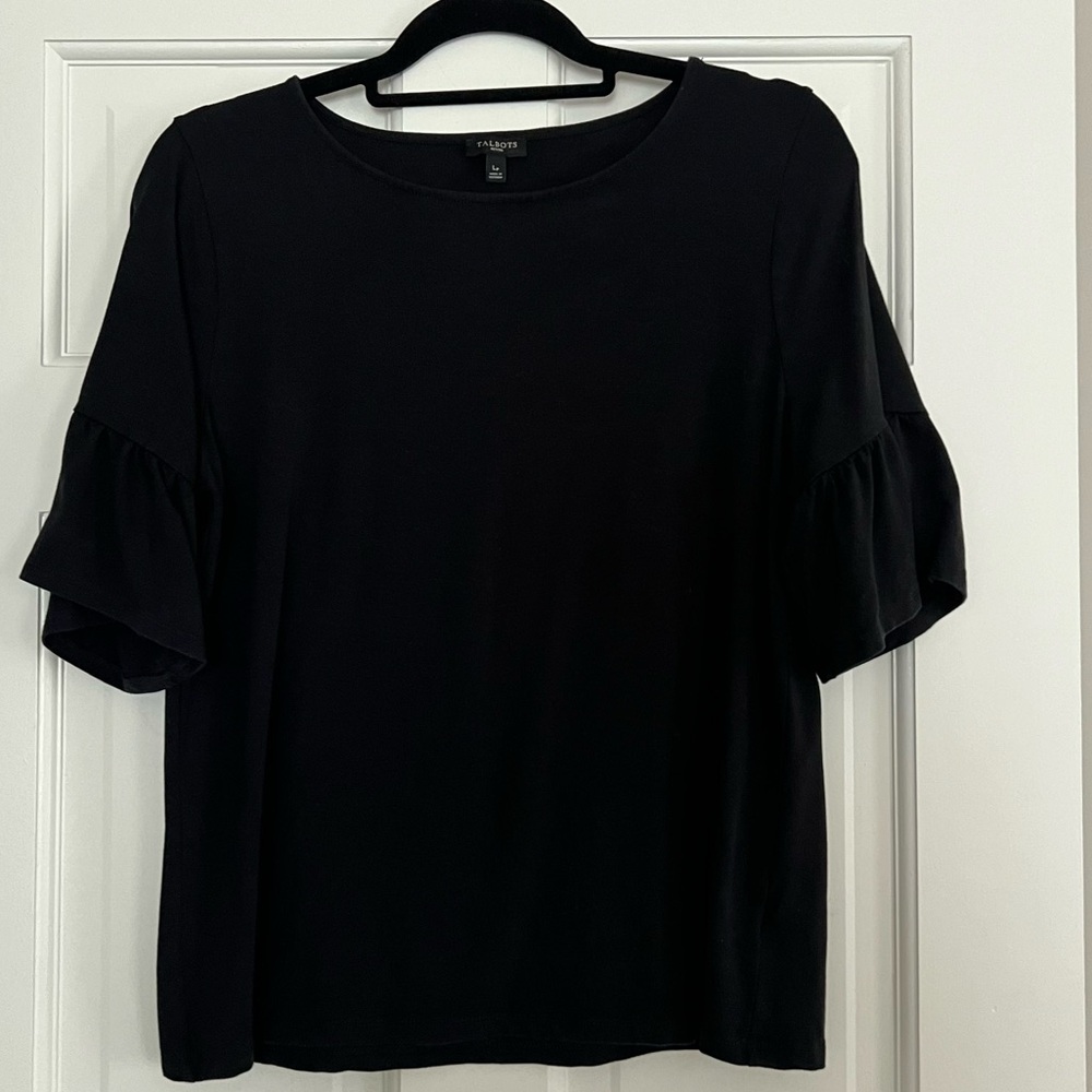 Talbots Black Ruffle Short Sleeve Tee Shirt - Petite Large - Preowned EUC